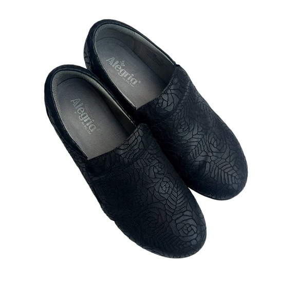 Alegria ERYN FLORAL NOTES Slip Resistant Embossed Leather Clog | Womens 42 Black - Picture 4 of 6